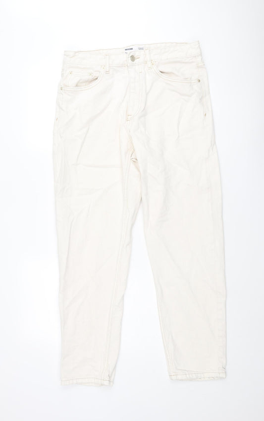 Bershka Womens Ivory Cotton Straight Jeans Size 10 L30 in Regular Zip