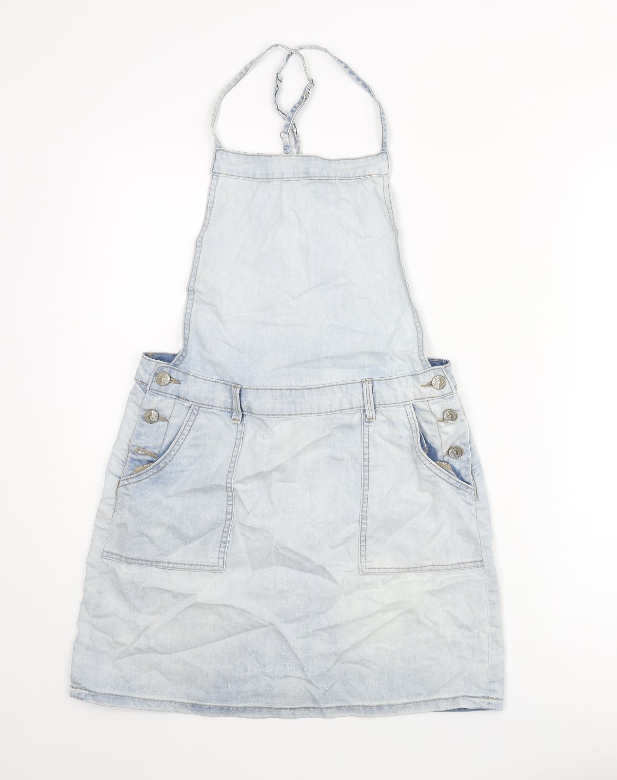 New Look Womens Blue Cotton Pinafore/Dungaree Dress Size 10 Scoop Neck Button
