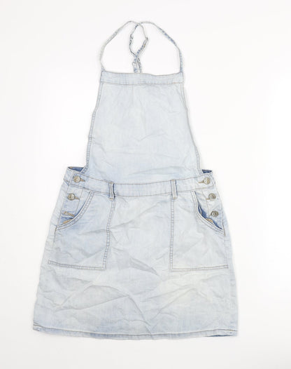 New Look Womens Blue Cotton Pinafore/Dungaree Dress Size 10 Scoop Neck Button