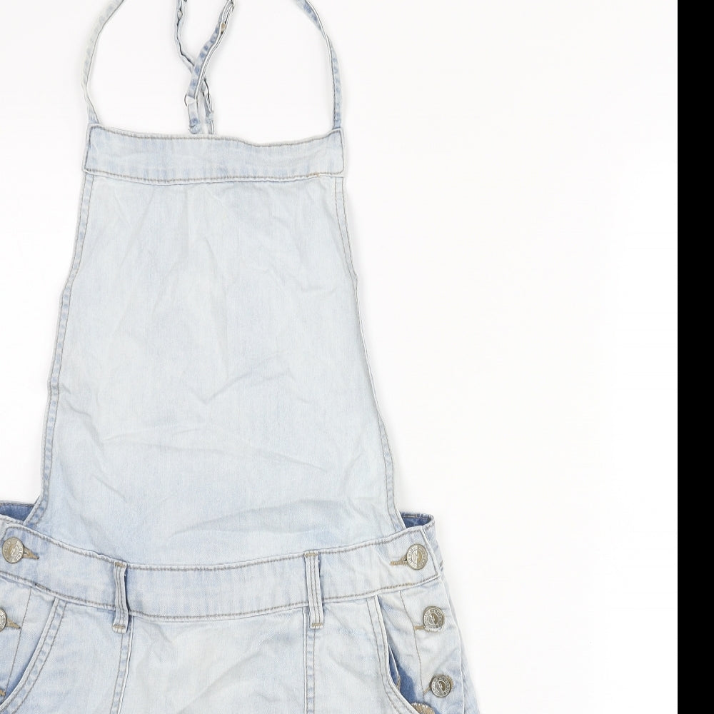 New Look Womens Blue Cotton Pinafore/Dungaree Dress Size 10 Scoop Neck Button