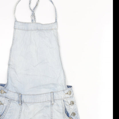 New Look Womens Blue Cotton Pinafore/Dungaree Dress Size 10 Scoop Neck Button