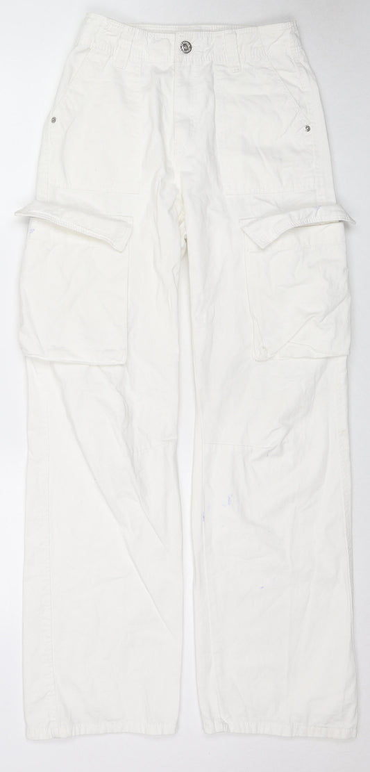 Bershka Womens White Cotton Straight Jeans Size 6 L30 in Regular Zip - Cargo Style