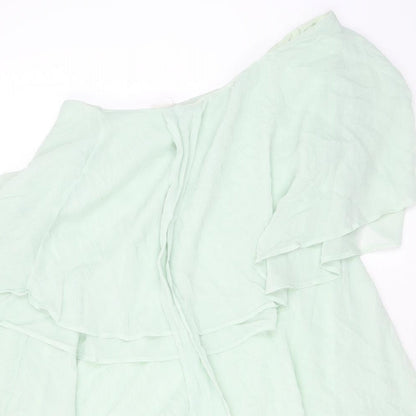 H&M Womens Green Polyester Mini Size 12 One Shoulder Pullover - Ruffles