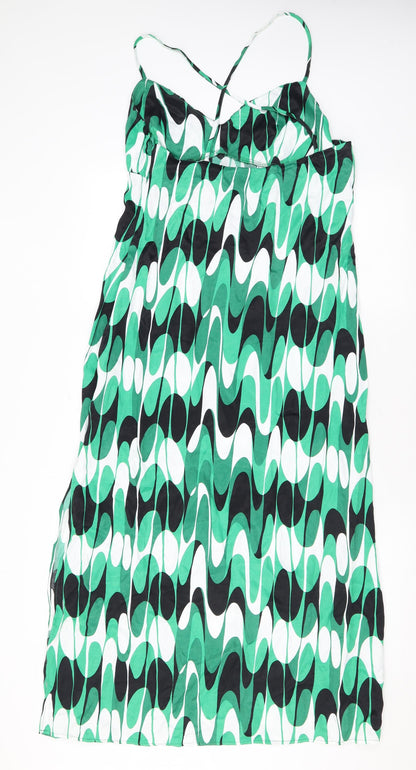 Zara Womens Green Geometric Viscose Maxi Size L V-Neck Zip