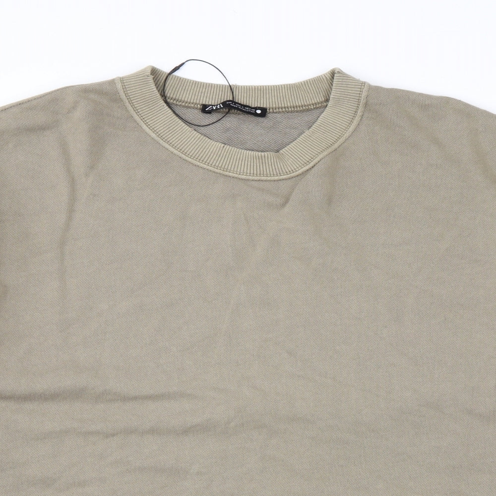 Zara Mens Green Cotton Pullover Sweatshirt Size S - Distressed