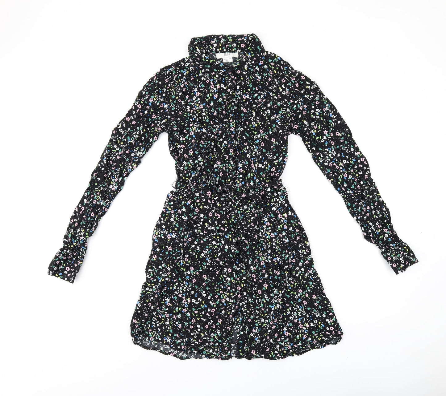 &Et Womens Black Floral Viscose Shirt Dress Size 8 Collared Button