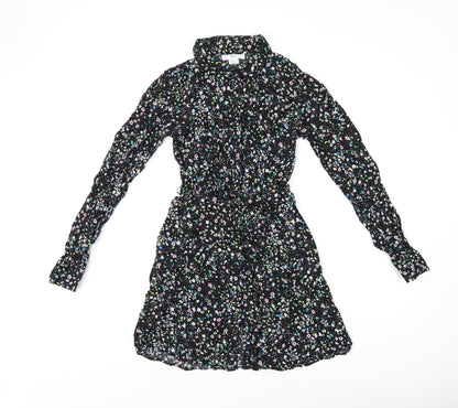 &Et Womens Black Floral Viscose Shirt Dress Size 8 Collared Button
