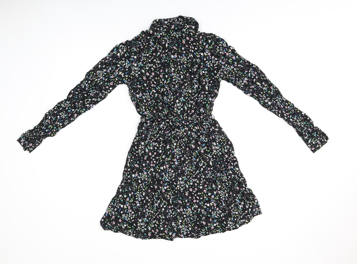 &Et Womens Black Floral Viscose Shirt Dress Size 8 Collared Button