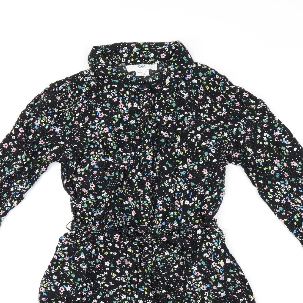 &Et Womens Black Floral Viscose Shirt Dress Size 8 Collared Button
