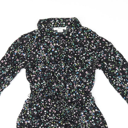 &Et Womens Black Floral Viscose Shirt Dress Size 8 Collared Button