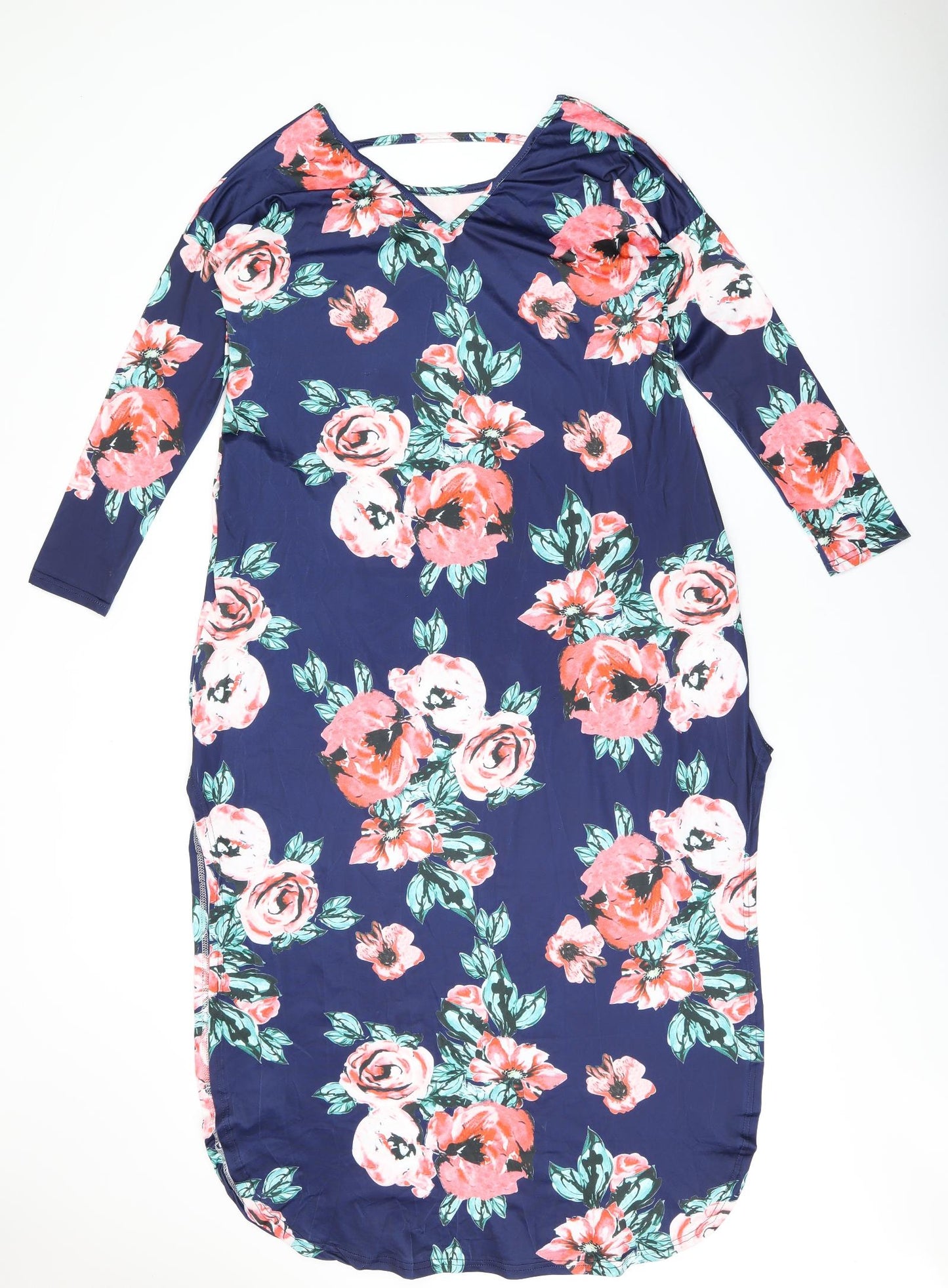 Isassy Womens Blue Floral Polyester Shift Size L Round Neck Pullover - Split Hem