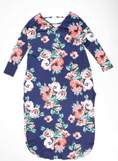Isassy Womens Blue Floral Polyester Shift Size L Round Neck Pullover - Split Hem