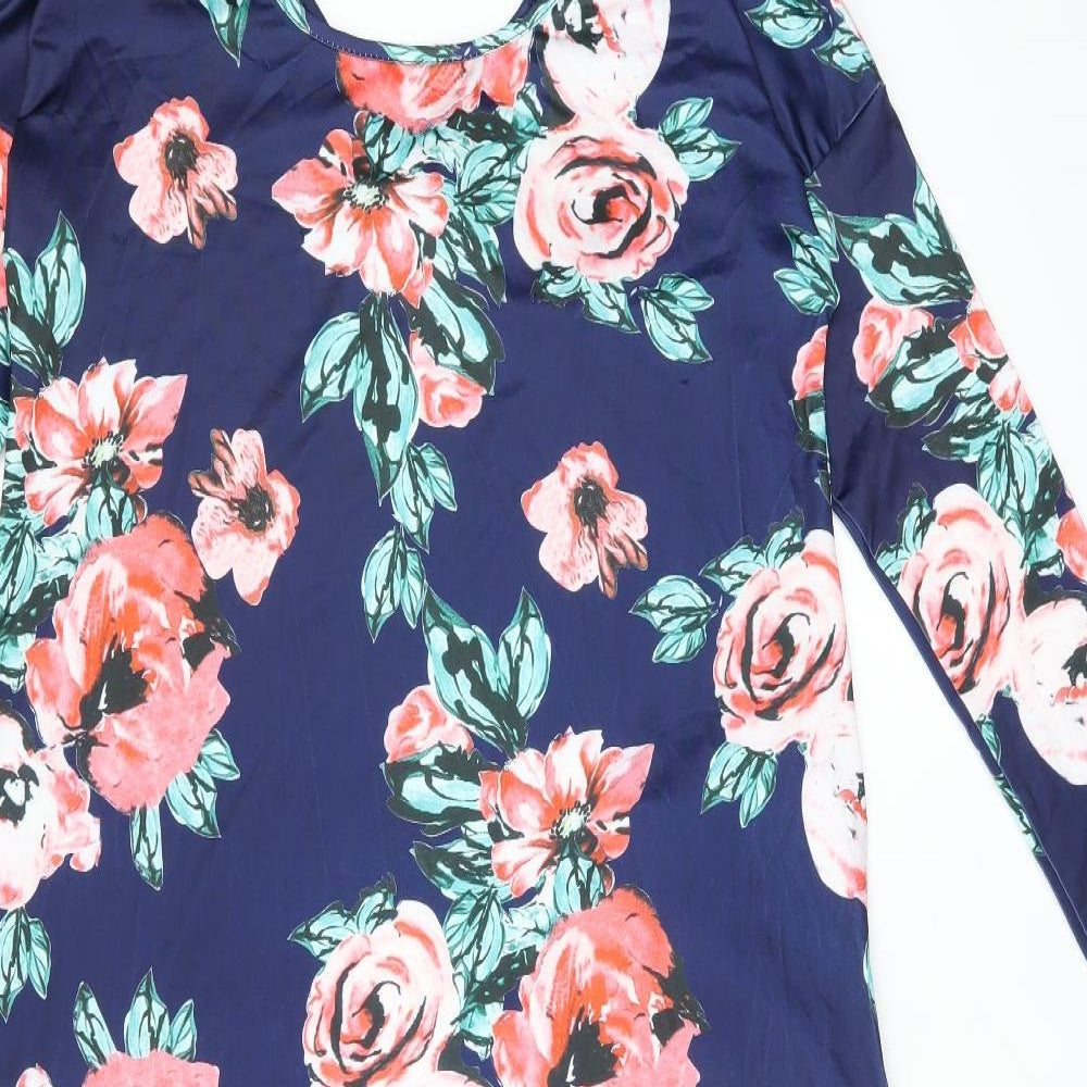 Isassy Womens Blue Floral Polyester Shift Size L Round Neck Pullover - Split Hem