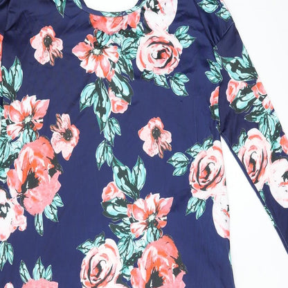 Isassy Womens Blue Floral Polyester Shift Size L Round Neck Pullover - Split Hem