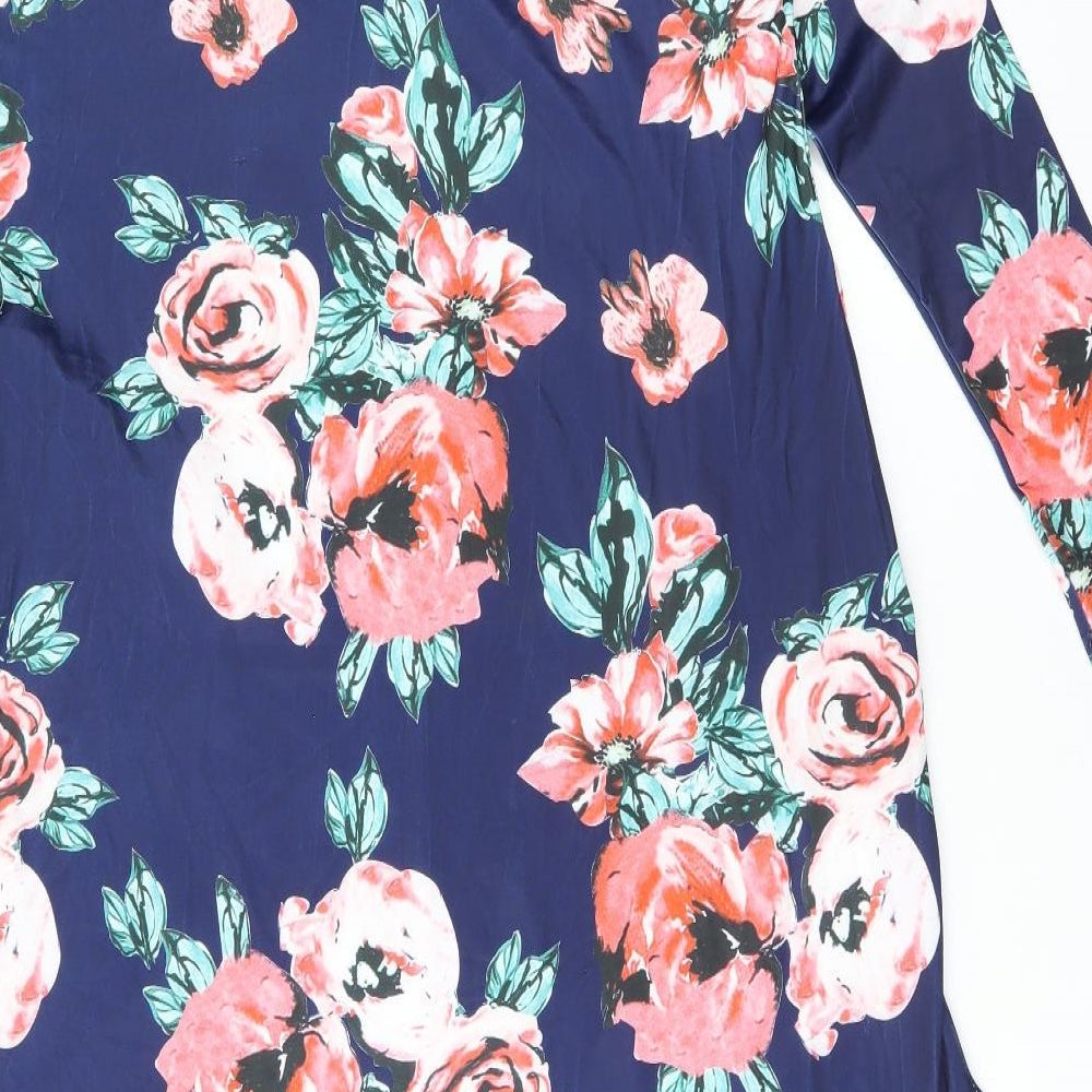 Isassy Womens Blue Floral Polyester Shift Size L Round Neck Pullover - Split Hem