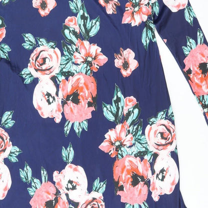Isassy Womens Blue Floral Polyester Shift Size L Round Neck Pullover - Split Hem