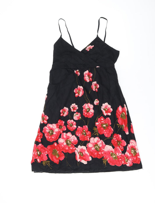 Pussycat London Womens Black Floral Cotton Mini Size 10 V-Neck Pullover