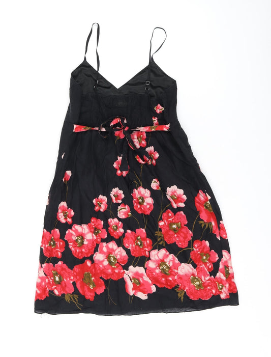 Pussycat London Womens Black Floral Cotton Mini Size 10 V-Neck Pullover