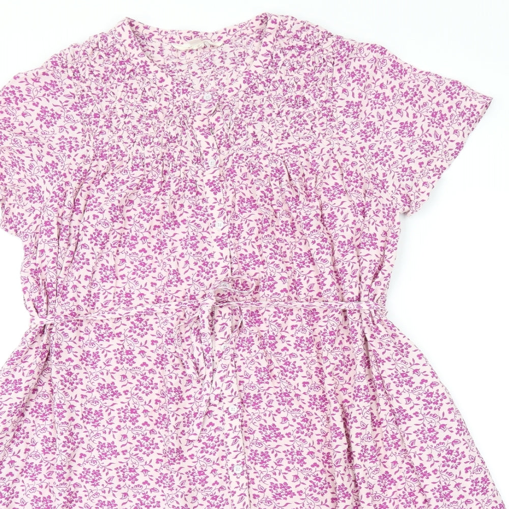 Per Una Womens Pink Floral Viscose A-Line Size 12 V-Neck Button