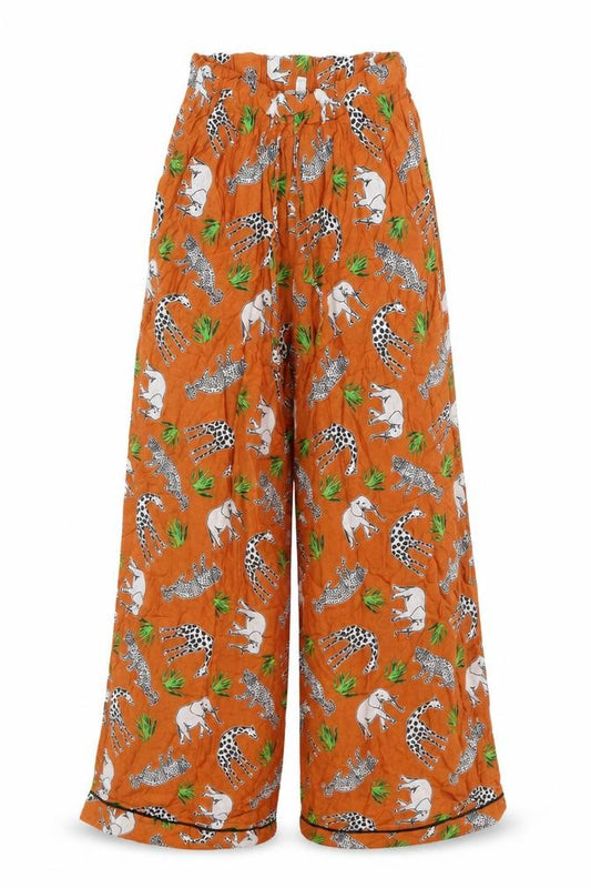 Front view of ASOS women’s orange animal print polyester trousers, size UK 6, 30-inch leg regular drawstring