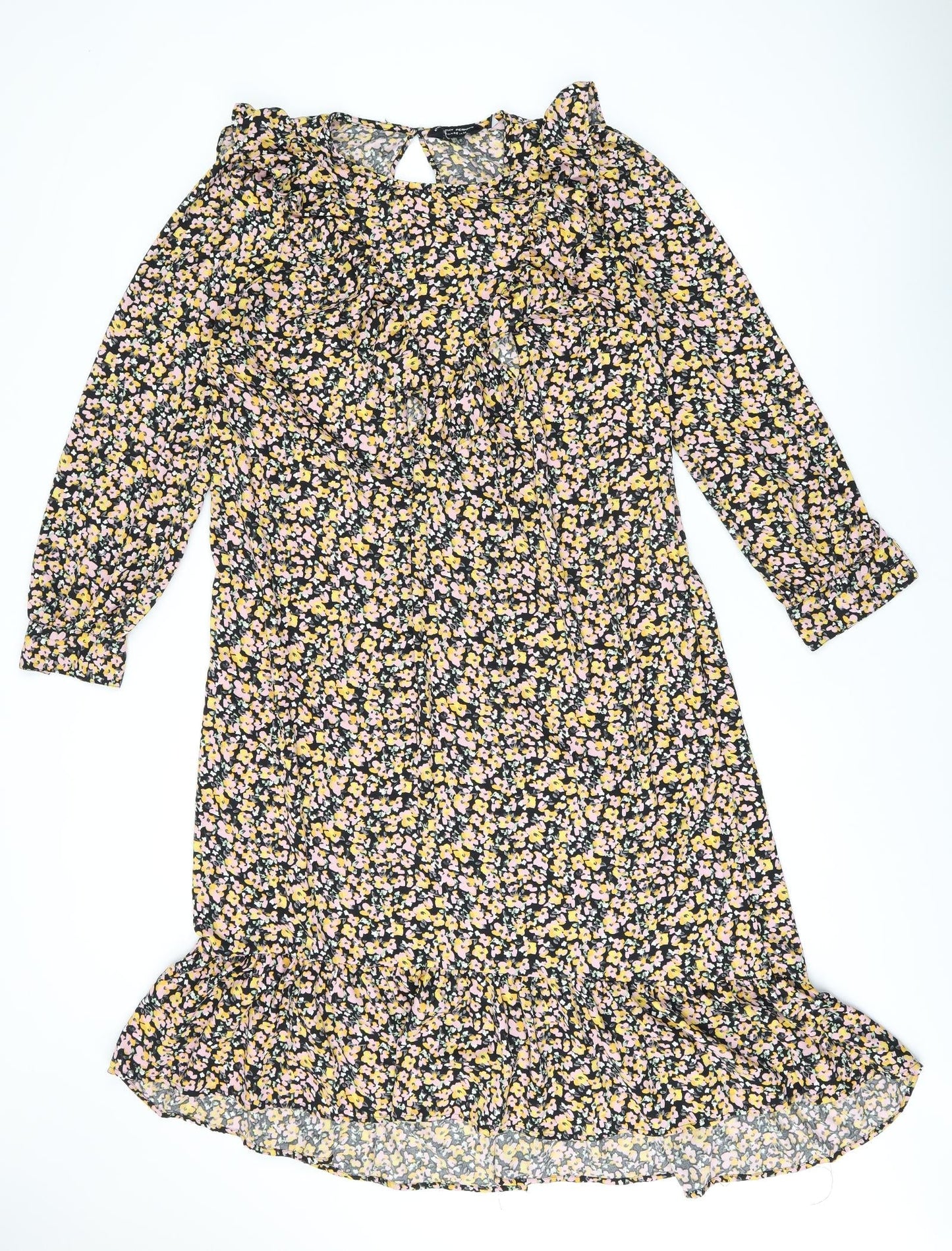 Dorothy Perkins Womens Black Floral Polyester Shift Size 14 Round Neck Button - Frill Detail