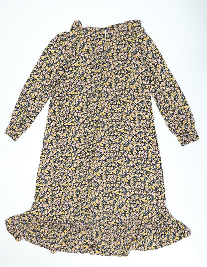 Dorothy Perkins Womens Black Floral Polyester Shift Size 14 Round Neck Button - Frill Detail