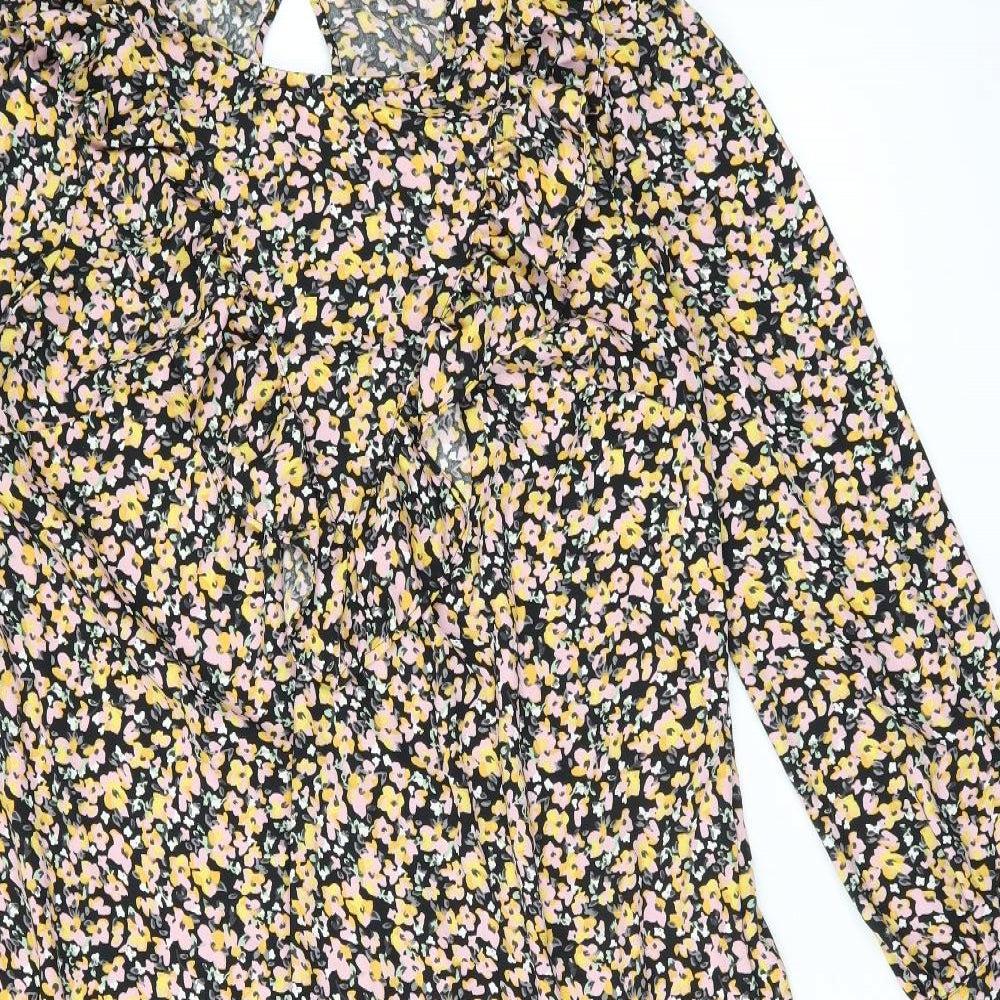 Dorothy Perkins Womens Black Floral Polyester Shift Size 14 Round Neck Button - Frill Detail