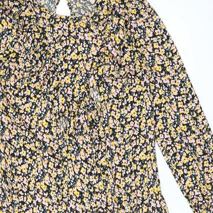 Dorothy Perkins Womens Black Floral Polyester Shift Size 14 Round Neck Button - Frill Detail