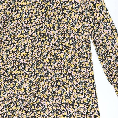 Dorothy Perkins Womens Black Floral Polyester Shift Size 14 Round Neck Button - Frill Detail