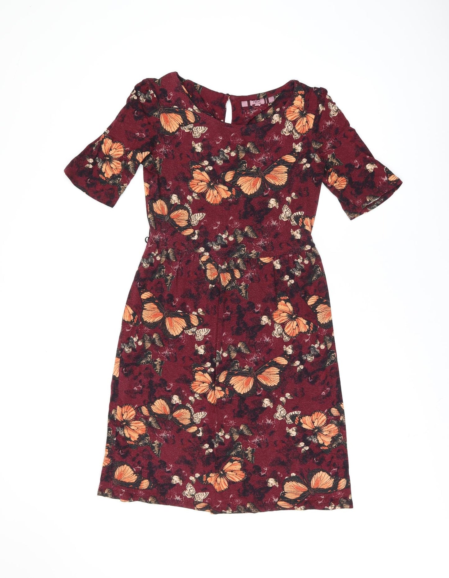 NEXT Womens Red Geometric Viscose A-Line Size 10 Boat Neck Button