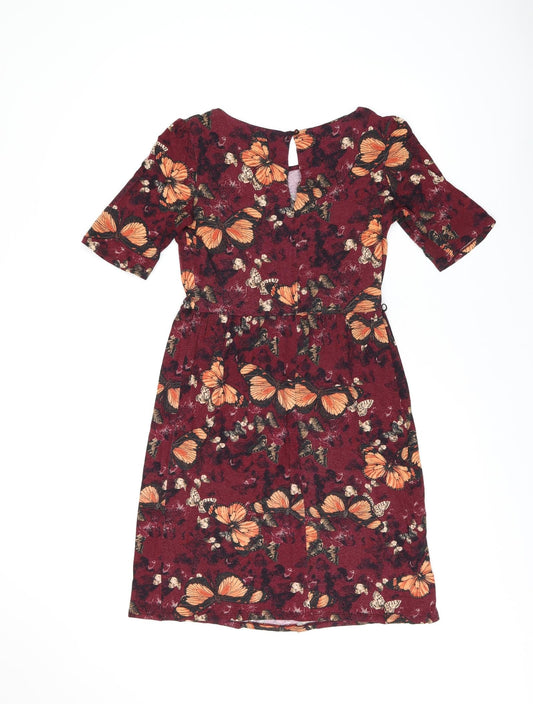 NEXT Womens Red Geometric Viscose A-Line Size 10 Boat Neck Button