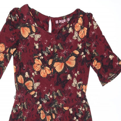 NEXT Womens Red Geometric Viscose A-Line Size 10 Boat Neck Button