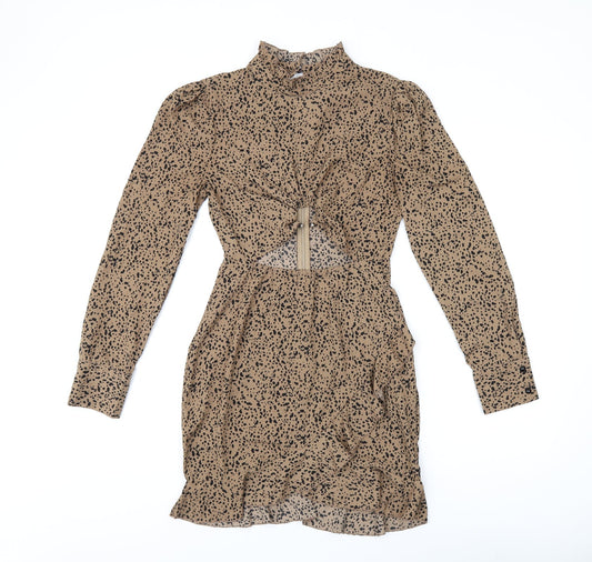 Missguided Womens Brown Geometric Polyester Bodycon Size 6 Round Neck Zip