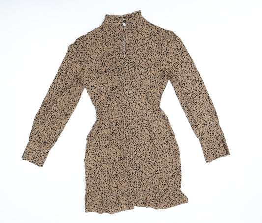 Missguided Womens Brown Geometric Polyester Bodycon Size 6 Round Neck Zip