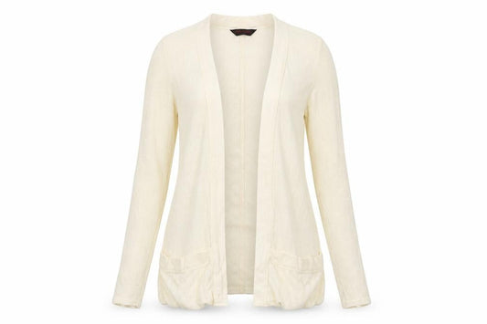 Front view of Miss Selfridge women’s ivory v-neck polyester cardigan jumper, size UK 6