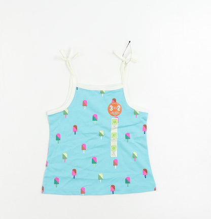 Marks and Spencer Girls Blue Geometric Cotton Camisole Tank Size 2-3 Years Square Neck Pullover - Ice Cream Print