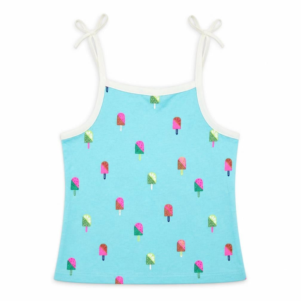 Front view of Marks & Spencer girls’ blue geometric cotton camisole tank, years square neck pullover - ice cream print