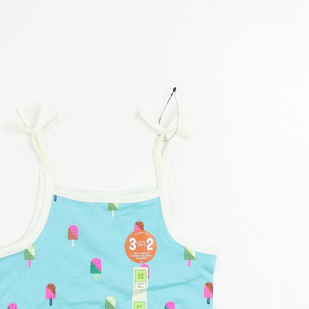 Marks and Spencer Girls Blue Geometric Cotton Camisole Tank Size 2-3 Years Square Neck Pullover - Ice Cream Print