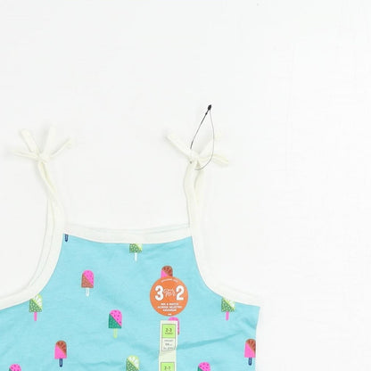 Marks and Spencer Girls Blue Geometric Cotton Camisole Tank Size 2-3 Years Square Neck Pullover - Ice Cream Print