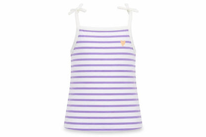 Front view of Marks & Spencer girls’ purple striped cotton camisole tank, size 2-3, years square neck pullover