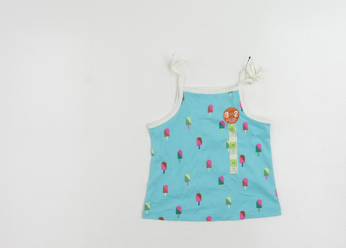 Marks and Spencer Girls Blue Geometric Cotton Camisole Tank Size 3-4 Years Square Neck Pullover - Ice Cream Print