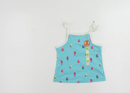 Marks and Spencer Girls Blue Geometric Cotton Camisole Tank Size 3-4 Years Square Neck Pullover - Ice Cream Print
