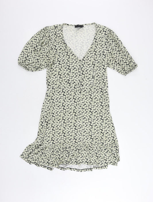 ASOS Womens Green Floral Cotton A-Line Size 10 V-Neck Pullover - Ruffle