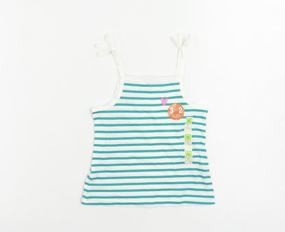Marks and Spencer Girls Green Striped Cotton Camisole Tank Size 2-3 Years Square Neck Pullover