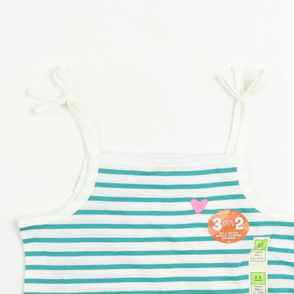 Marks and Spencer Girls Green Striped Cotton Camisole Tank Size 2-3 Years Square Neck Pullover