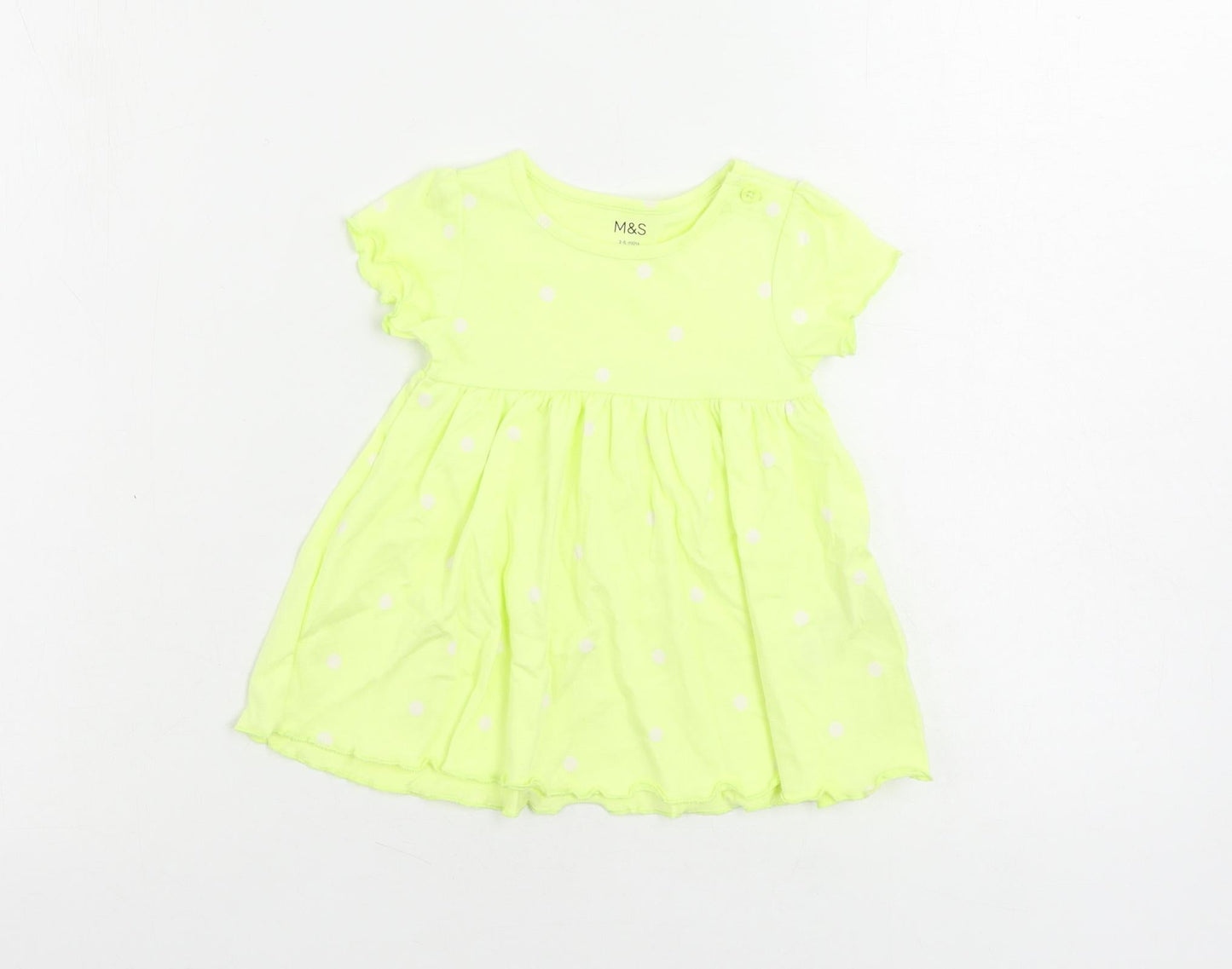 Marks and Spencer Girls Yellow Polka Dot Cotton A-Line Size 3-6 Months Crew Neck Button