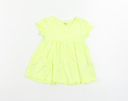 Marks and Spencer Girls Yellow Polka Dot Cotton A-Line Size 3-6 Months Crew Neck Button