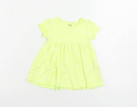 Marks and Spencer Girls Yellow Polka Dot Cotton A-Line Size 3-6 Months Crew Neck Button