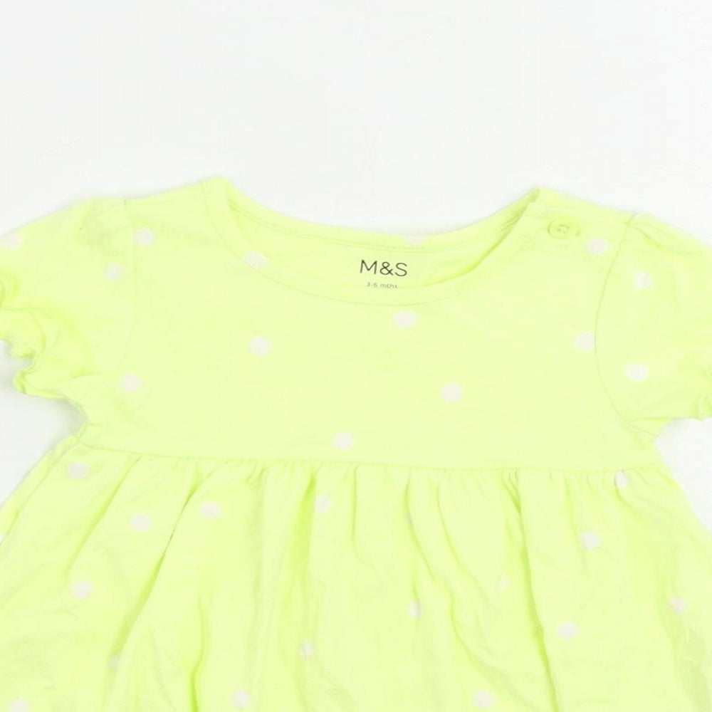 Marks and Spencer Girls Yellow Polka Dot Cotton A-Line Size 3-6 Months Crew Neck Button