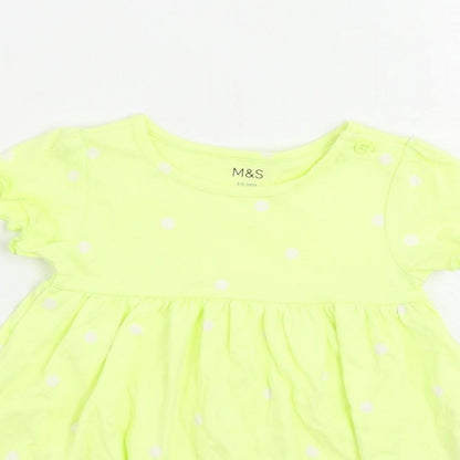 Marks and Spencer Girls Yellow Polka Dot Cotton A-Line Size 3-6 Months Crew Neck Button